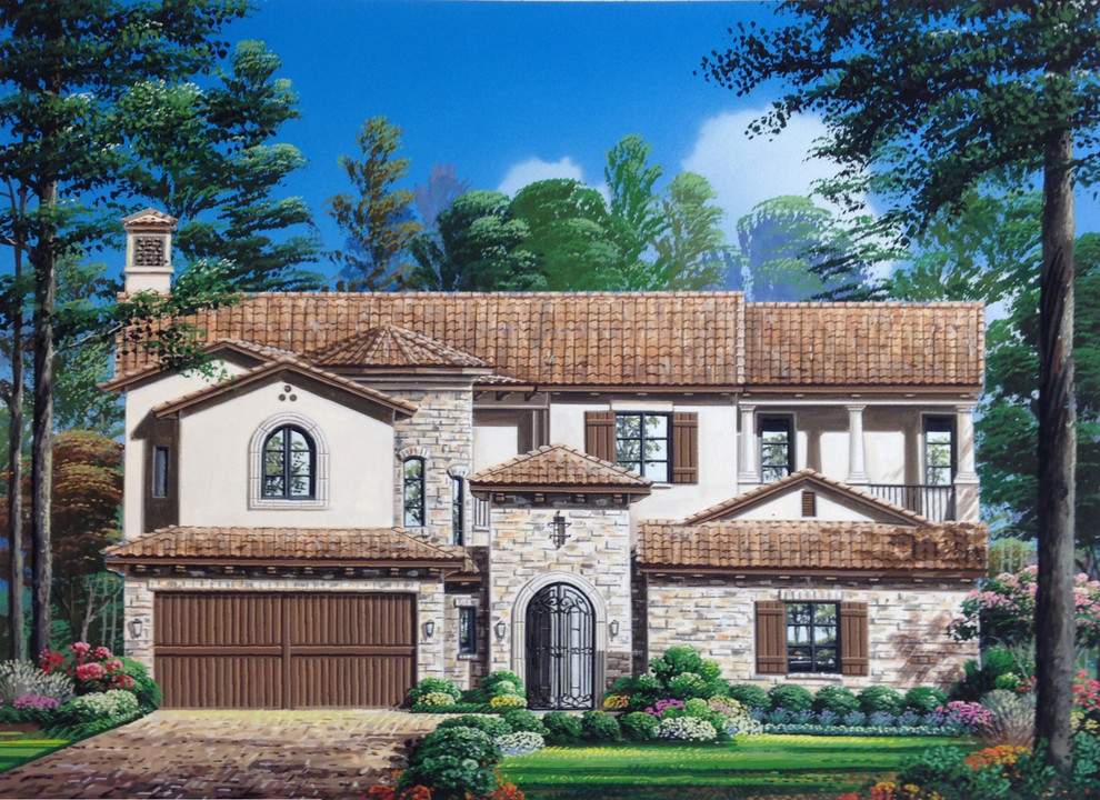 Immagine della facciata di una casa grande mediterranea a due piani