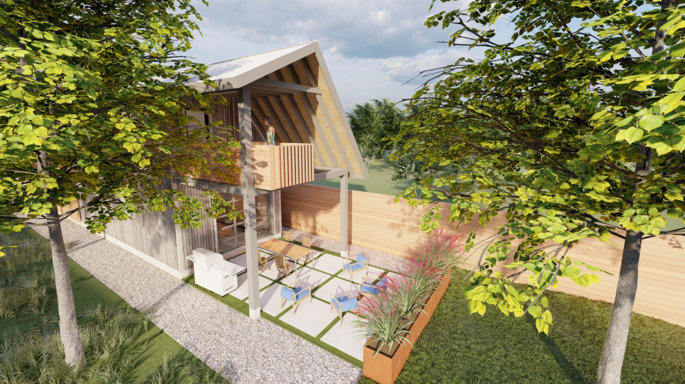 Inspiration för små moderna grå hus, med två våningar, blandad fasad, sadeltak och tak i metall