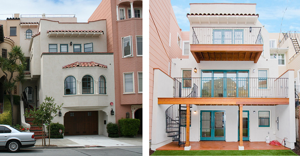 This is an example of a beige mediterranean render house exterior in San Francisco with three floors.