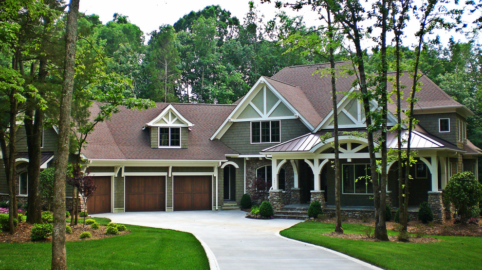 Mid-sized elegant gray two-story mixed siding exterior home photo in Charlotte