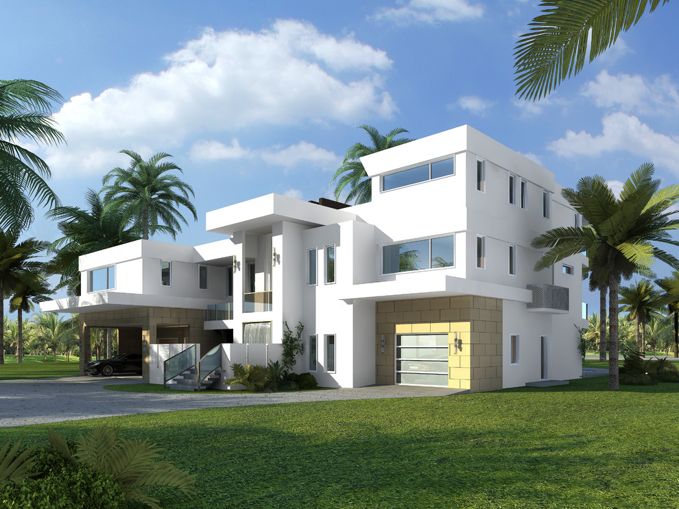 Стильный дизайн: большой, трехэтажный дом в стиле модернизм с плоской крышей - последний тренд