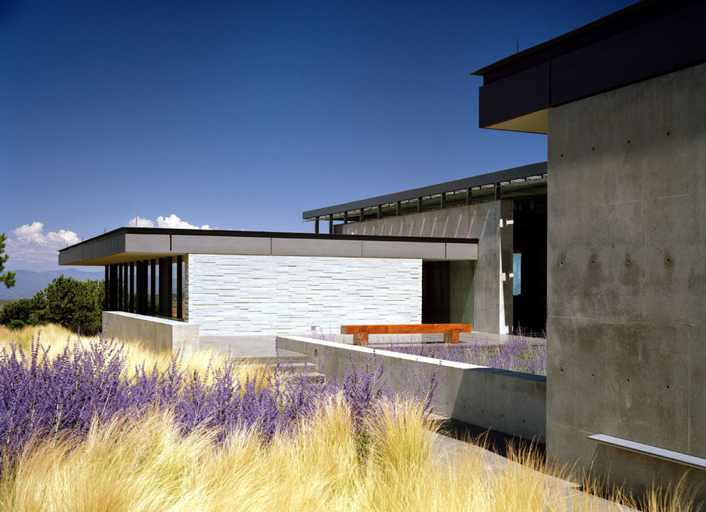 Ejemplo de fachada de casa gris minimalista extra grande a niveles con revestimiento de vidrio, tejado plano y tejado de teja de barro