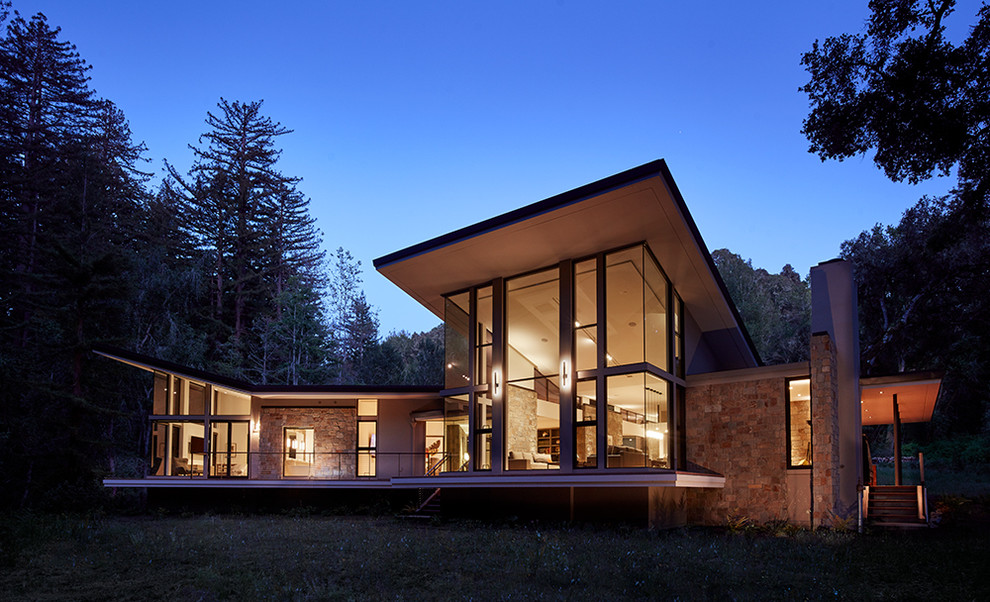 Свежая идея для дизайна: большой, одноэтажный, коричневый частный загородный дом в современном стиле с облицовкой из камня, односкатной крышей и металлической крышей - отличное фото интерьера