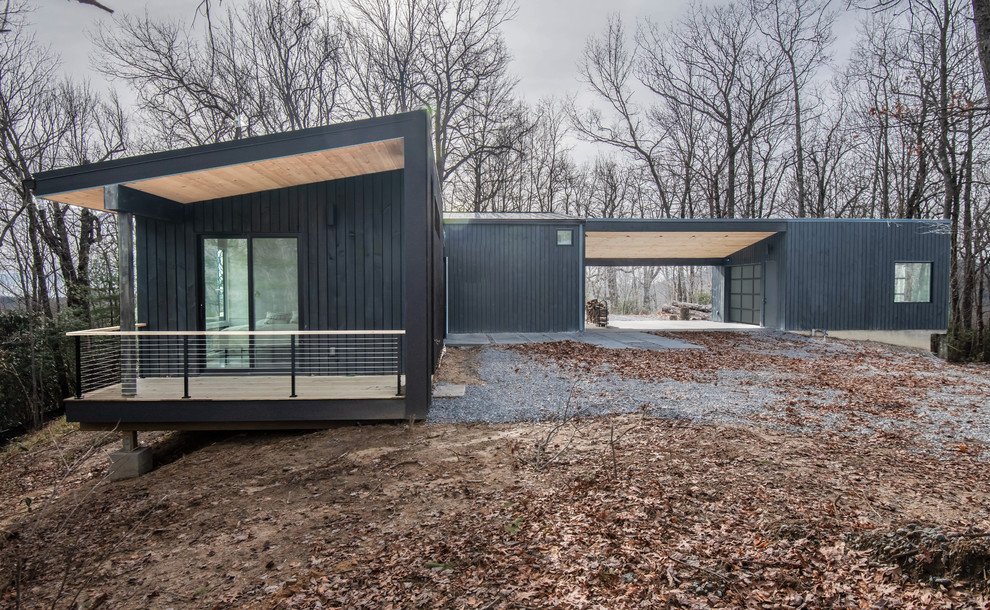 Réalisation d'une façade de maison noire nordique en bois de plain-pied avec un toit en appentis.