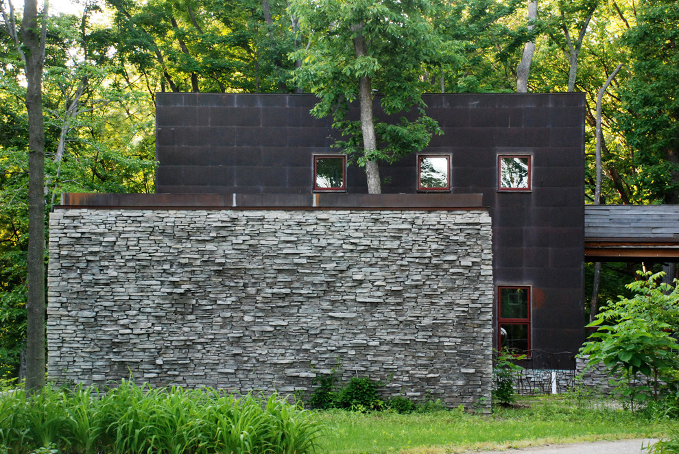 Cette photo montre une façade de maison métallique moderne.