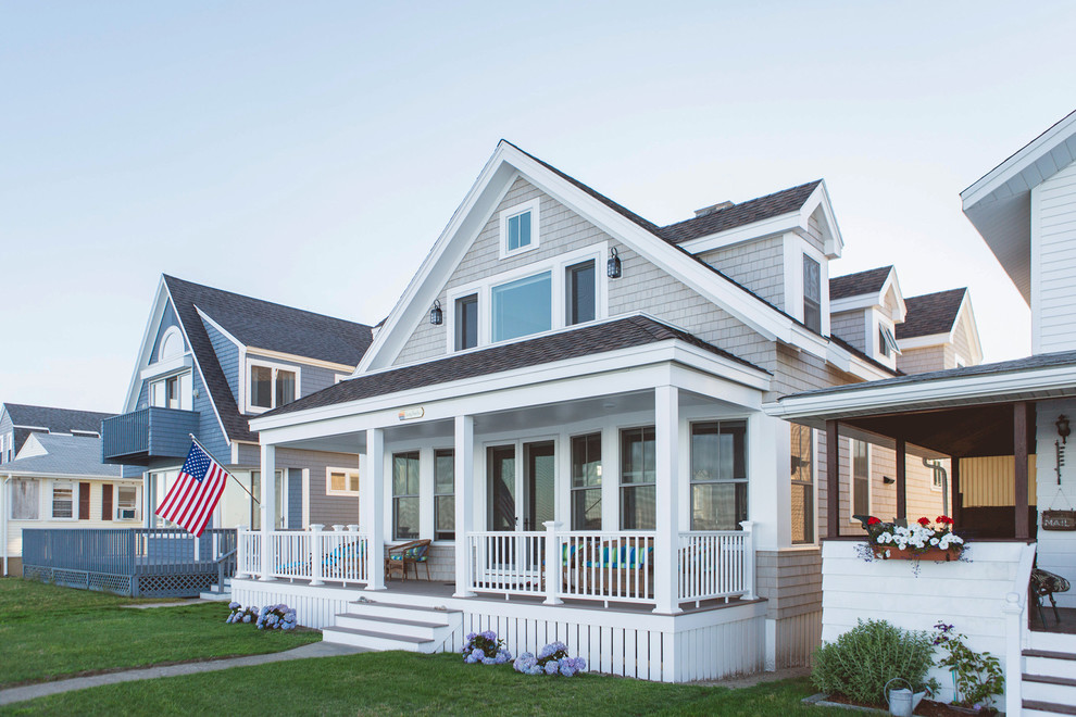 Inspiration for a small coastal beige two-story wood exterior home remodel in Boston