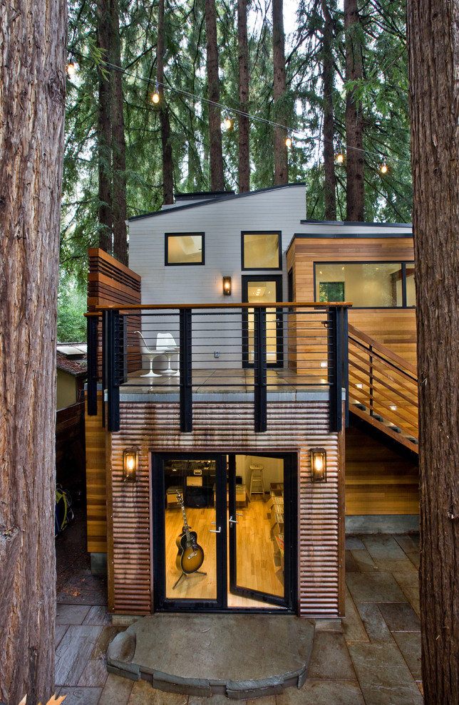 Cette image montre une petite façade de maison multicolore minimaliste en bois à un étage avec un toit en appentis.