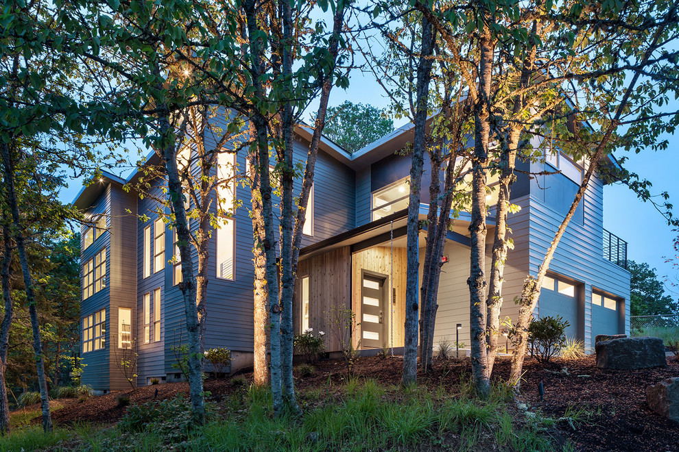 Cette image montre une grande façade de maison grise minimaliste à un étage avec un revêtement mixte.