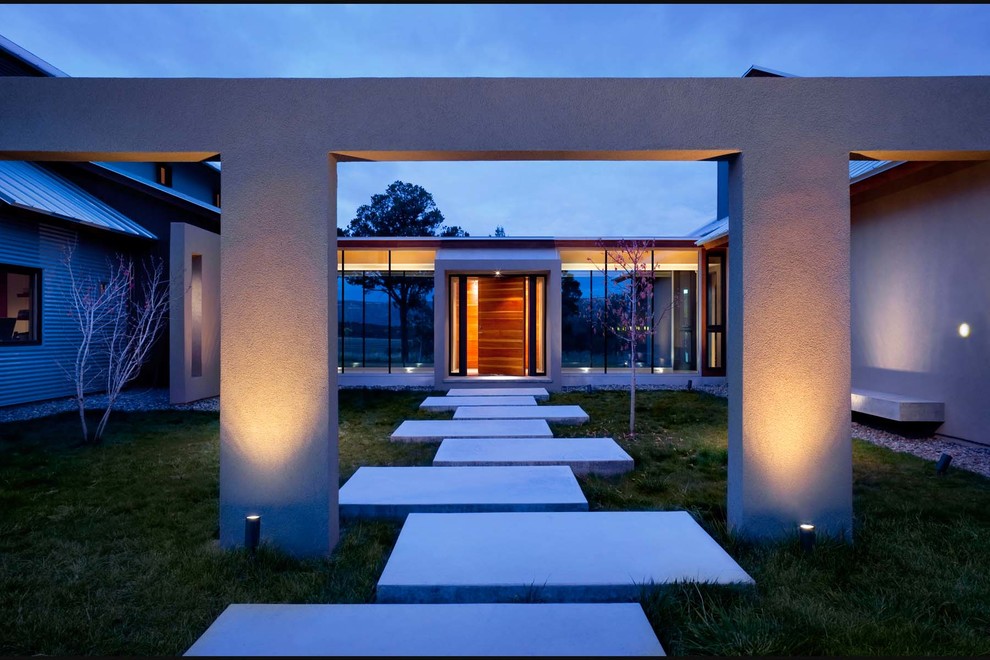 Idee per la facciata di una casa grande grigia contemporanea a due piani con rivestimento in metallo