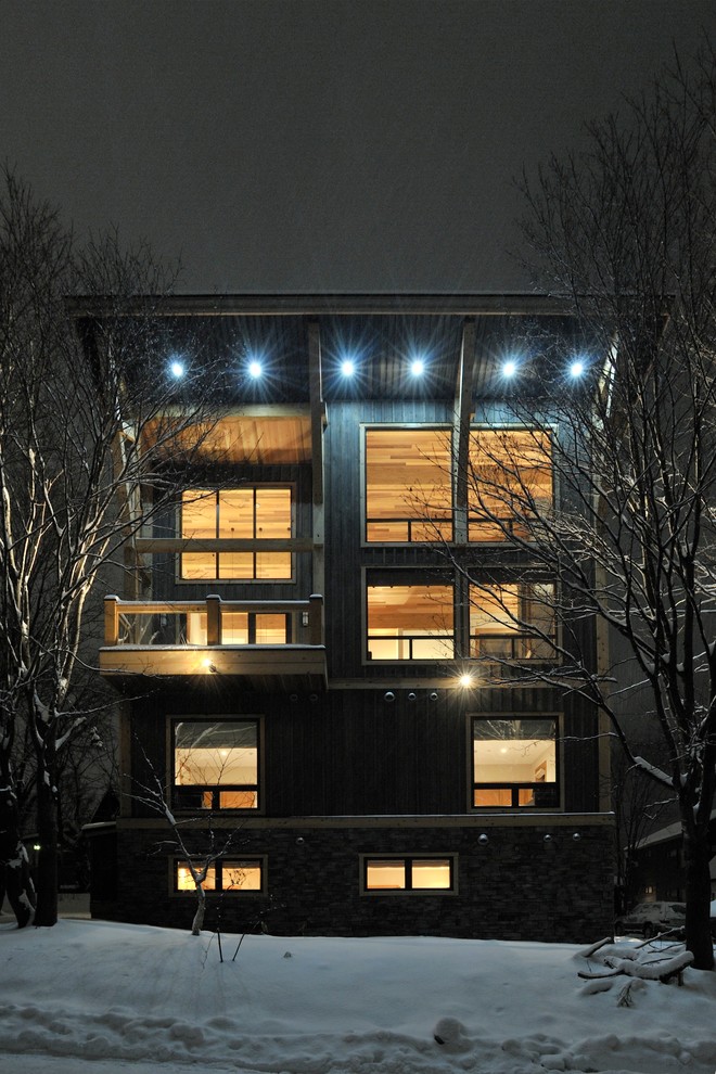 Modernes Haus mit schwarzer Fassadenfarbe und Pultdach in Calgary