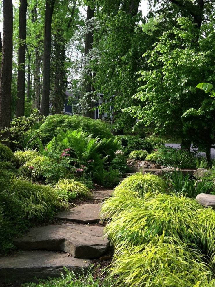 Design ideas for a large rustic shade hillside stone garden path in New York for summer.
