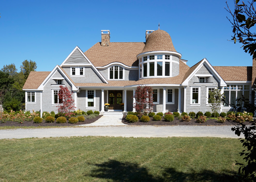 Shingle Style Home With Gray Cedar Shake And White Trim Beach Style Shingle Style Home With Gray Cedar Shake And White Trim Beach Style