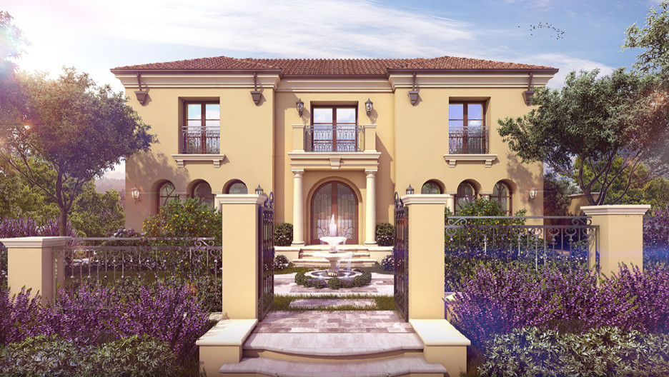Großes, Zweistöckiges Mediterranes Einfamilienhaus mit Putzfassade, gelber Fassadenfarbe, Walmdach und Ziegeldach in Los Angeles
