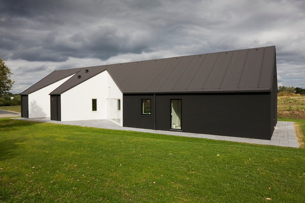 Пример оригинального дизайна: одноэтажный, черный, большой дом в скандинавском стиле с облицовкой из цементной штукатурки и двускатной крышей