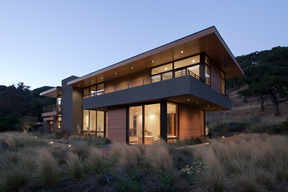Cette image montre une façade de maison minimaliste à un étage et de taille moyenne avec un revêtement mixte et un toit plat.