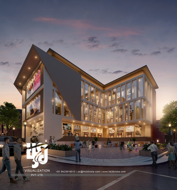 Small Shopping Mall Floor Plan Design, Dusk View, Cost Effective 3d