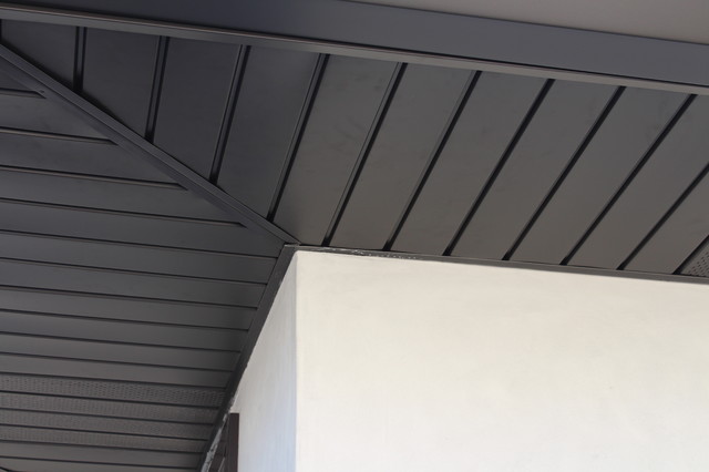 Soffits, Fascia, and Angle Face Gutters in Dark Bronze Aluminum. Long ...