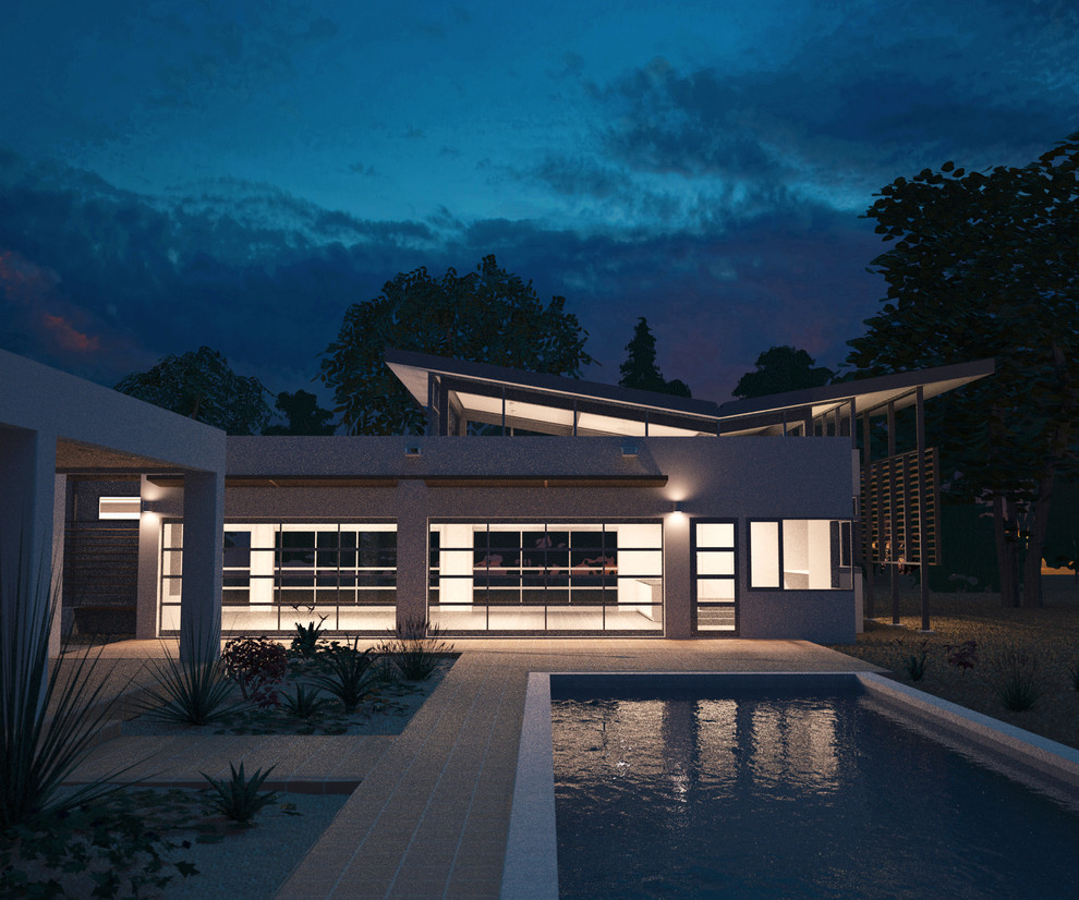 Modelo de fachada de casa blanca minimalista grande de una planta con revestimiento de estuco y tejado plano