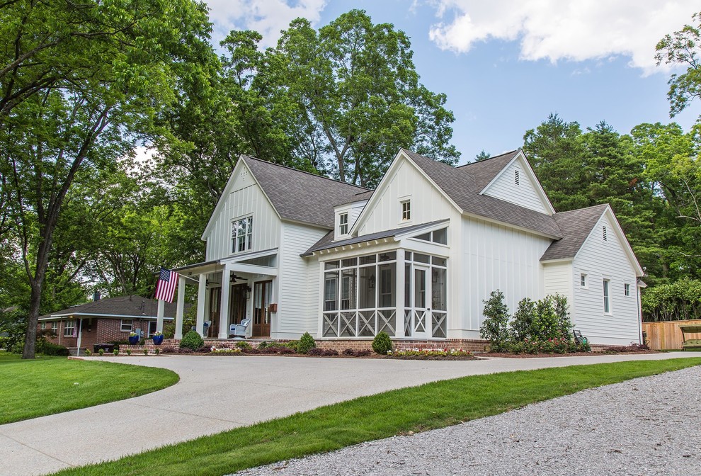 Mid-sized white two-story wood exterior home photo in Other with a shingle roof