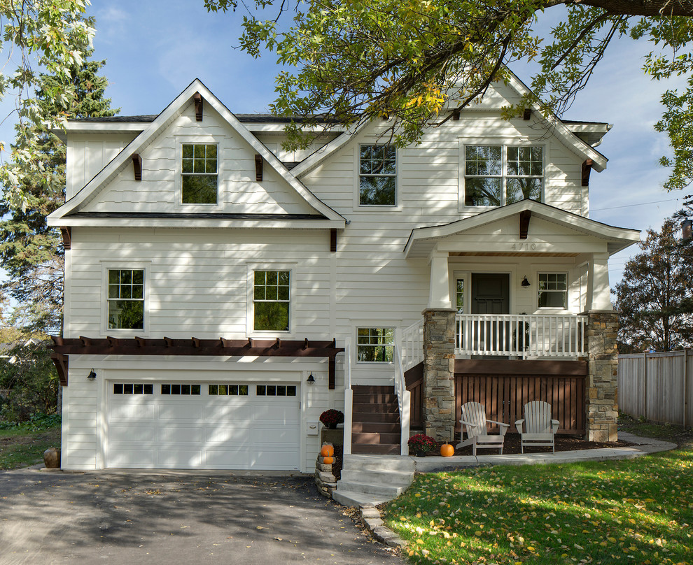 Mid-sized craftsman white three-story wood gable roof idea in Minneapolis