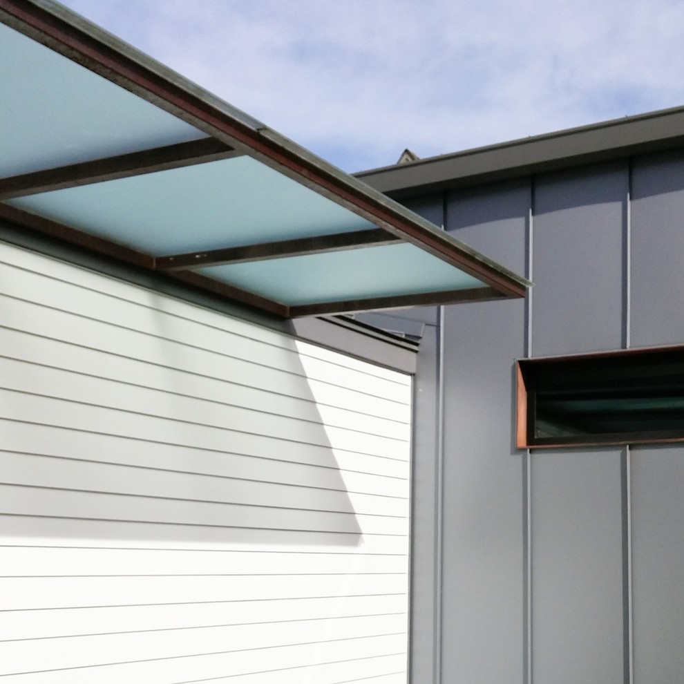 Modelo de fachada de casa blanca de estilo de casa de campo de tamaño medio de una planta con revestimiento de vinilo, tejado a dos aguas y tejado de metal