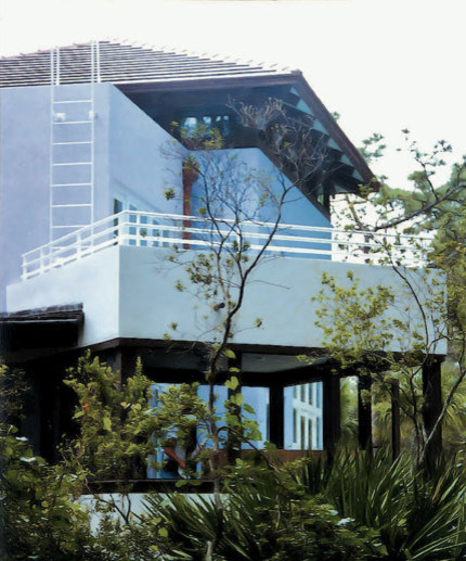 Foto della villa grande blu contemporanea a due piani con rivestimento in stucco, tetto a padiglione e copertura a scandole