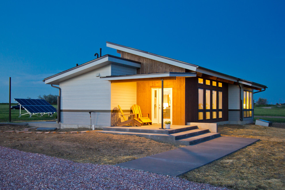 Small and gey modern bungalow house exterior in Denver with concrete fibreboard cladding and a lean-to roof.