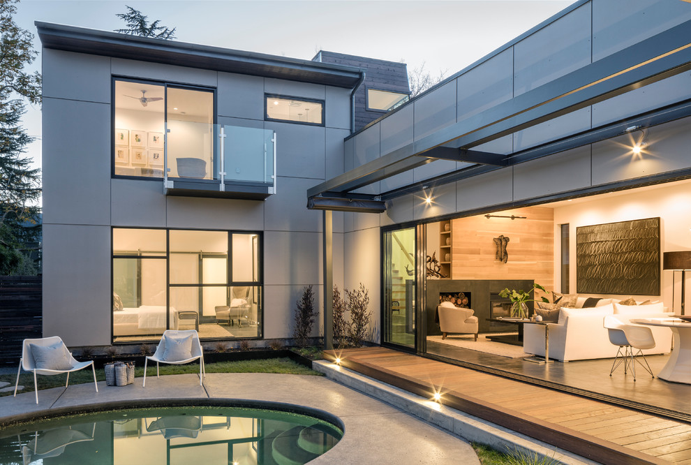 Zweistöckiges Modernes Haus mit grauer Fassadenfarbe und Flachdach in San Francisco