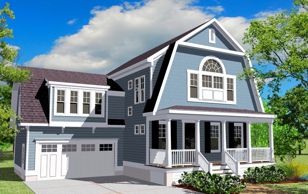 Immagine della facciata di una casa blu stile marinaro con tetto a mansarda
