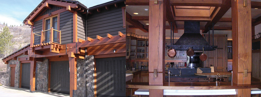 Foto de fachada marrón rústica grande de tres plantas con revestimiento de madera y tejado a dos aguas