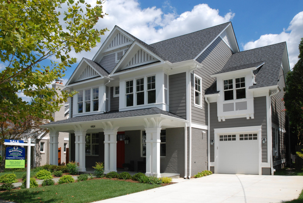 Mid-sized elegant gray two-story mixed siding gable roof photo in DC Metro
