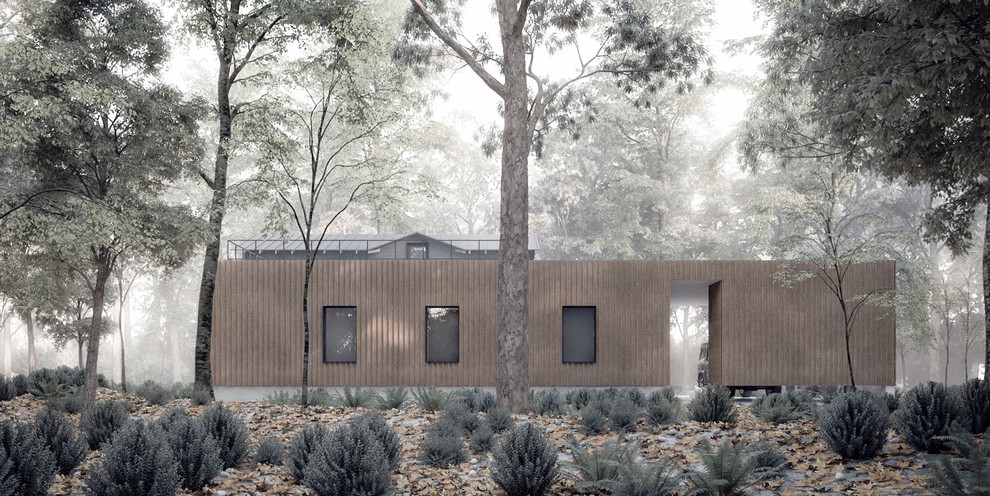 На фото: двухэтажный, черный дом среднего размера, из контейнеров, из контейнеров в стиле модернизм с облицовкой из металла и плоской крышей с