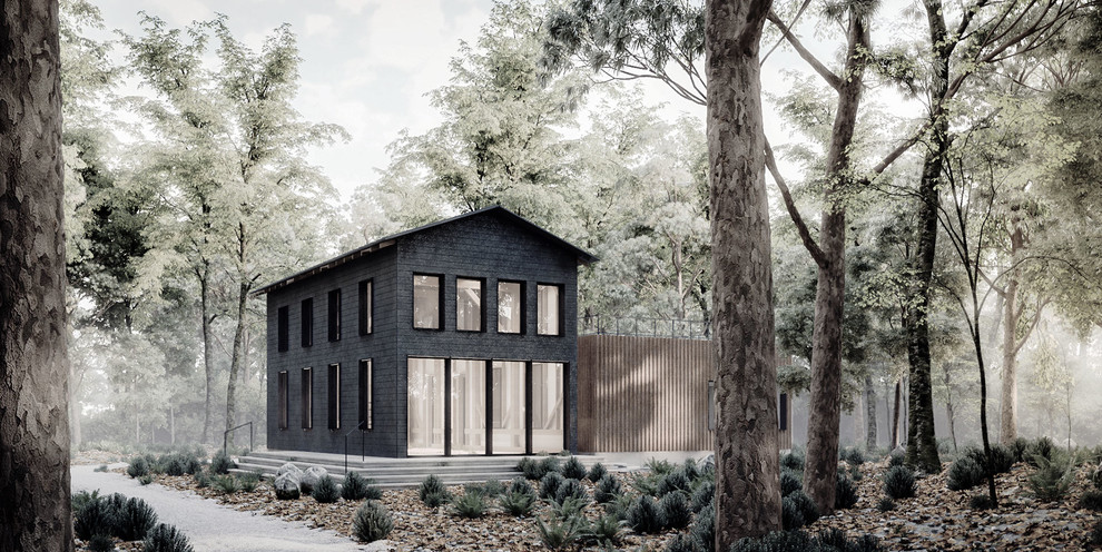 Inspiration pour une façade de maison container métallique et noire minimaliste de taille moyenne et à un étage avec un toit à deux pans.