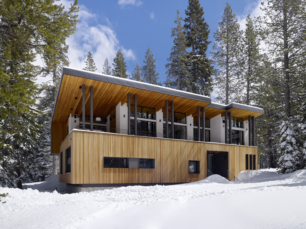 Ispirazione per la facciata di una casa contemporanea con rivestimento in legno