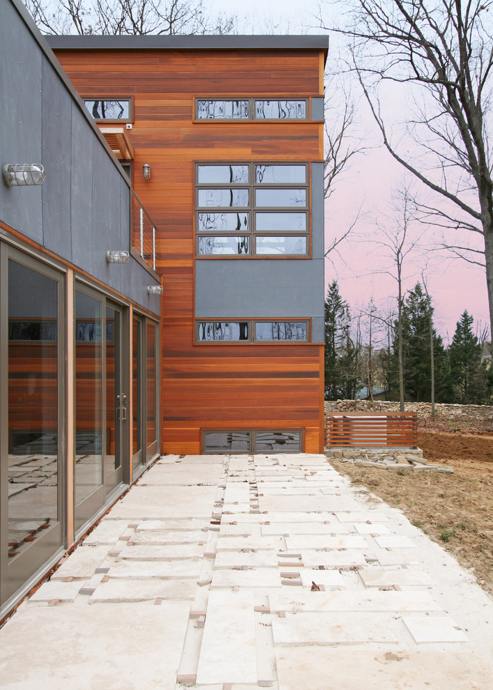 Modelo de fachada contemporánea con revestimiento de madera