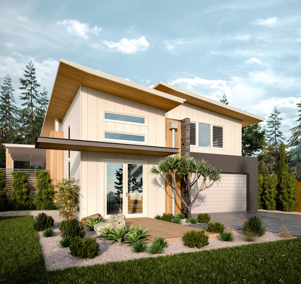 Diseño de fachada de casa beige actual de tamaño medio a niveles con revestimiento de madera y tejado de metal