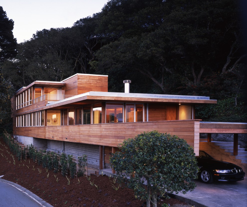 Immagine della facciata di una casa ampia marrone moderna a tre piani con rivestimento in legno e tetto piano