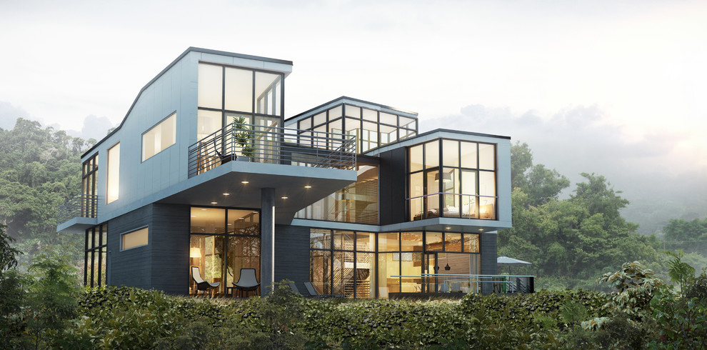 Idées déco pour une très grande façade de maison grise contemporaine à deux étages et plus avec un revêtement mixte et un toit plat.