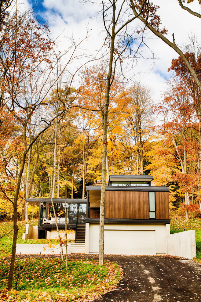 Immagine della villa piccola marrone moderna a due piani con rivestimento in legno e tetto piano