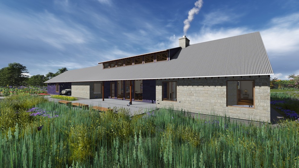Idées déco pour une façade de maison bleue sud-ouest américain en pierre de taille moyenne et de plain-pied avec un toit à deux pans et un toit en métal.