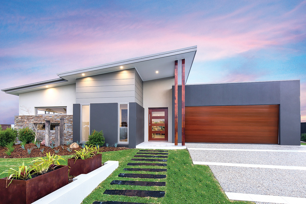 Design ideas for a gey contemporary bungalow house exterior in Brisbane with mixed cladding.