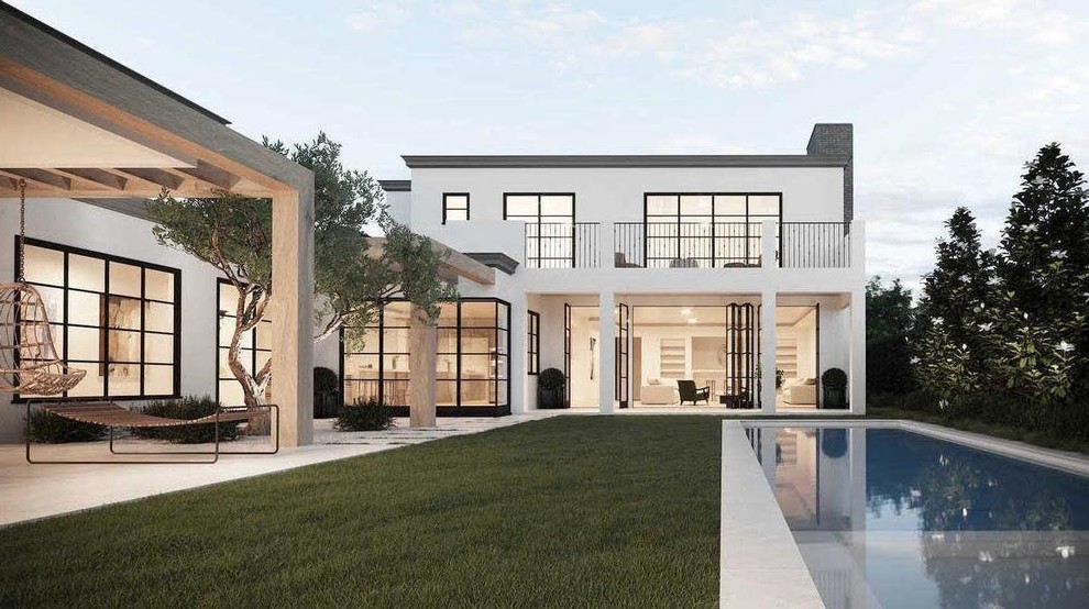 Foto de fachada de casa blanca minimalista grande de tres plantas con revestimiento de hormigón, tejado plano y techo verde