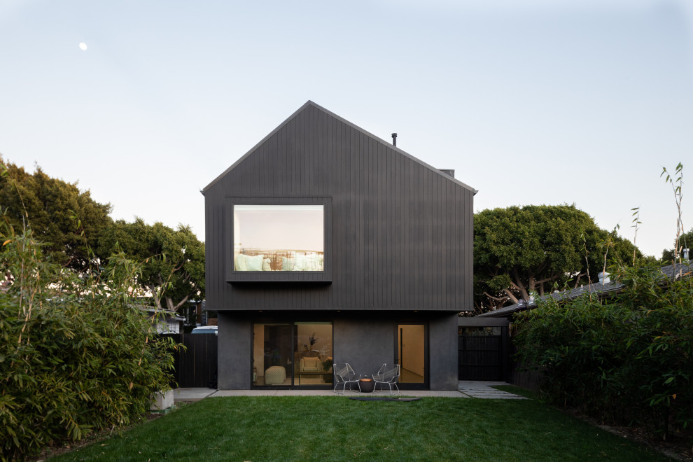 Aménagement d'une petite façade de maison noire moderne en bois à un étage avec un toit à deux pans et un toit en métal.