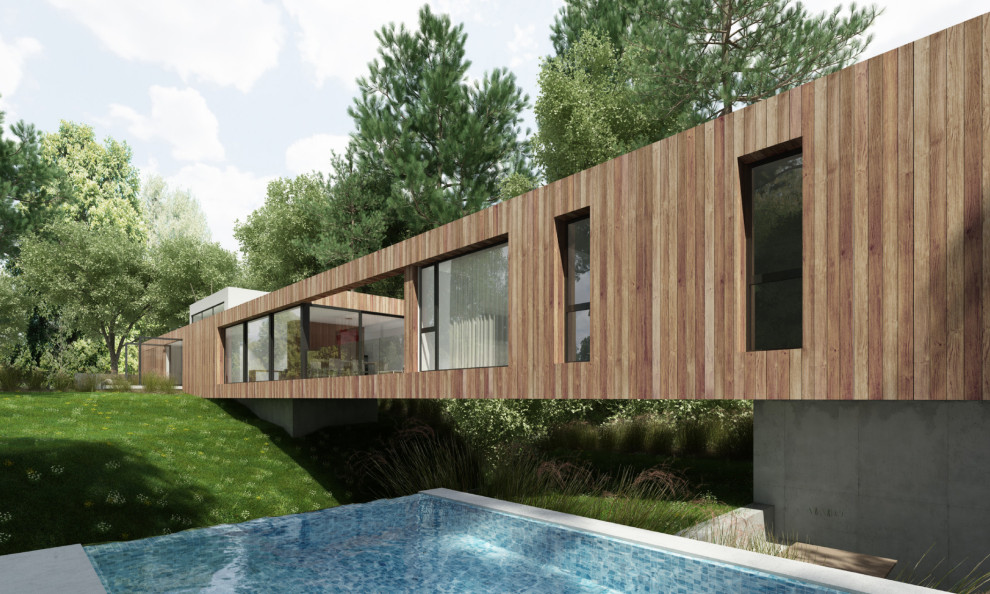 Пример оригинального дизайна: деревянный, коричневый частный загородный дом в стиле ретро с плоской крышей