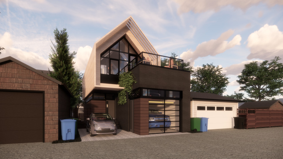 Foto della facciata di una casa piccola contemporanea a due piani con rivestimenti misti, tetto a capanna e copertura in metallo o lamiera