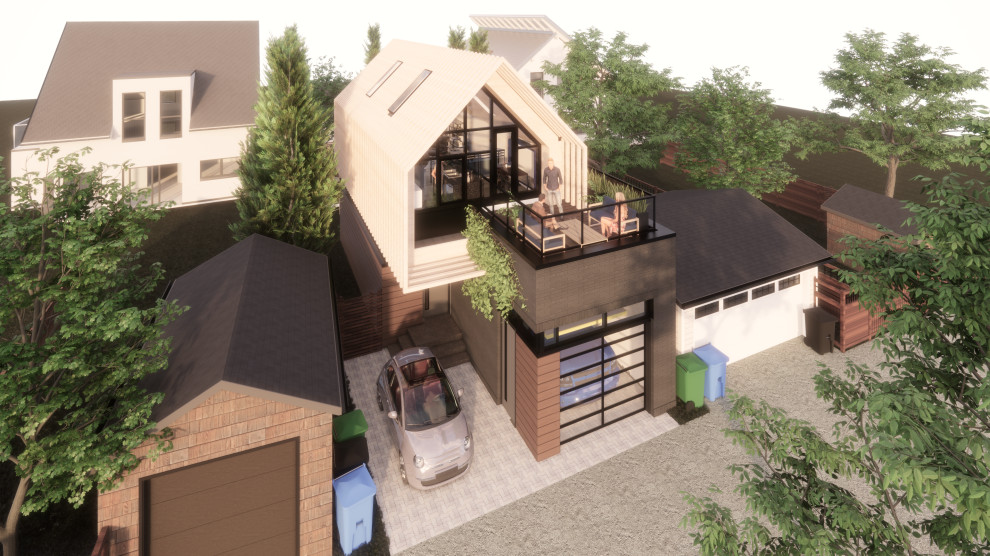 This is an example of a small contemporary two floor house exterior in Calgary with mixed cladding, a pitched roof and a metal roof.