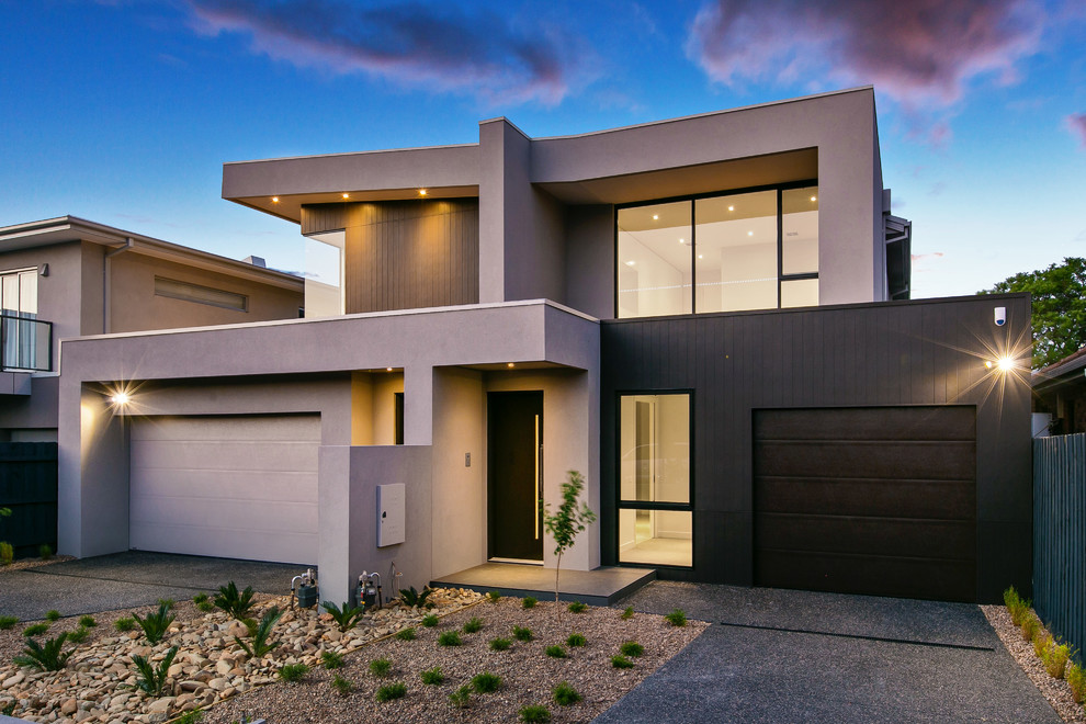 Gey contemporary two floor house exterior in Melbourne.
