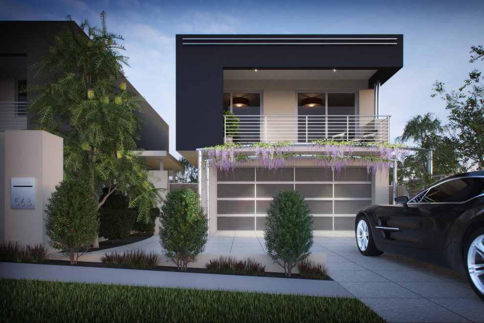 Inspiration pour une façade de maison design en brique de taille moyenne et à un étage avec un toit plat.