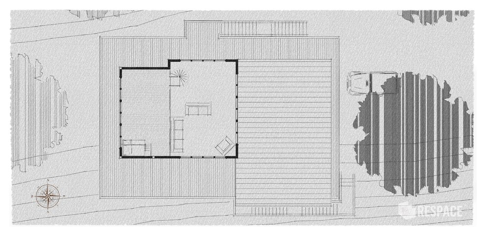 Стильный дизайн: одноэтажный частный загородный дом среднего размера в стиле рустика с комбинированной облицовкой, односкатной крышей и металлической крышей - последний тренд