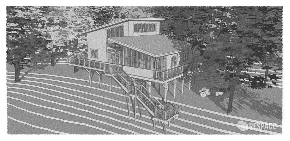 Идея дизайна: одноэтажный частный загородный дом среднего размера в стиле рустика с комбинированной облицовкой, односкатной крышей и металлической крышей